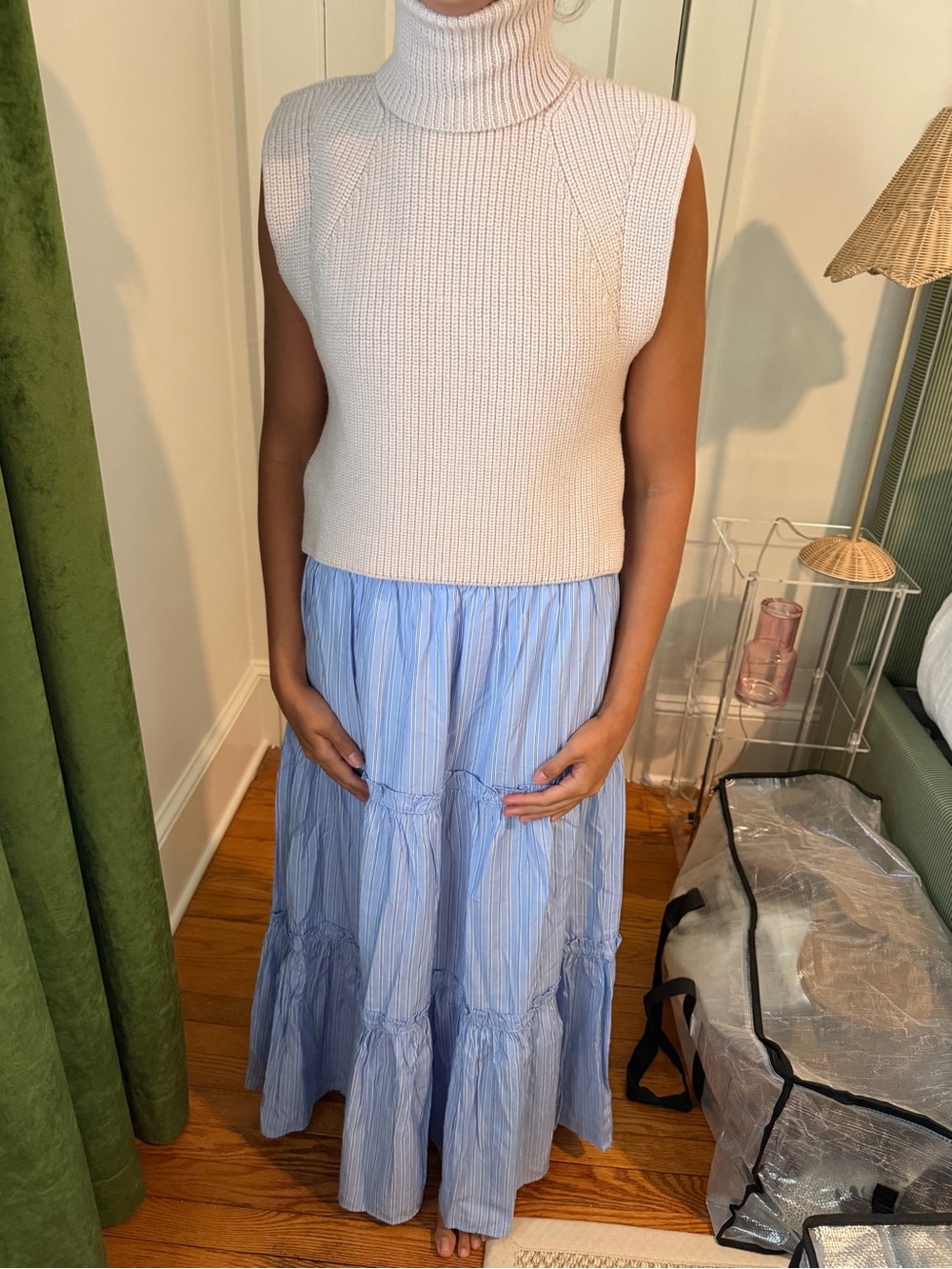 Tuckernuck Light Blue and White Striped Tiered Maxi Skirt